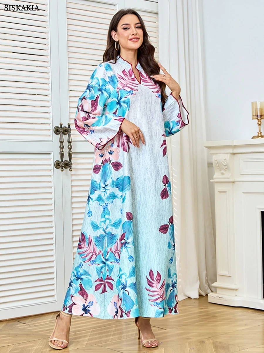 Siskakia Fashion Muslim Elegant Floral Print Abaya Dubai Moroccan Women Clothes 2025