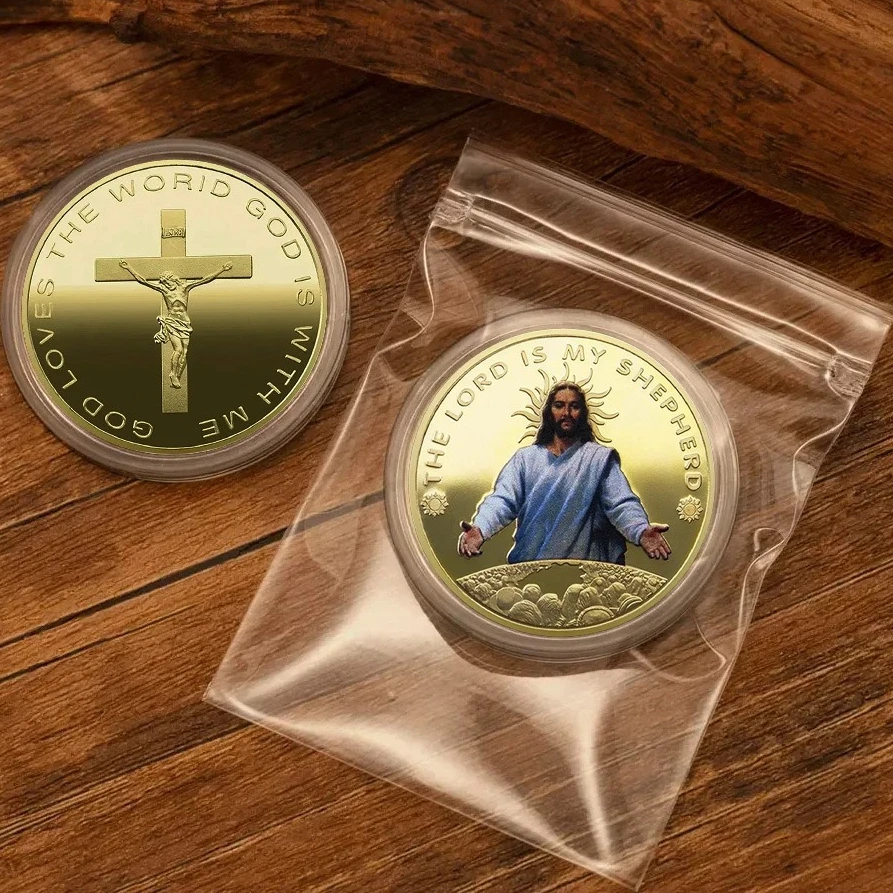The Lord Is My Shepherd Jesus Gold Printed Souvenir Coin Stations of The Cross Pattern Collectible Coins