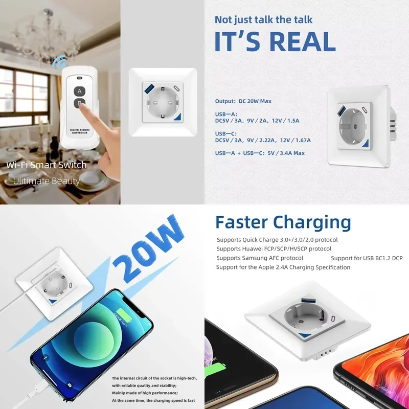 App Smart Remote Control EU Standard Power 16A Smart Wifi Inwall Socket Plug With USB Fast Charging