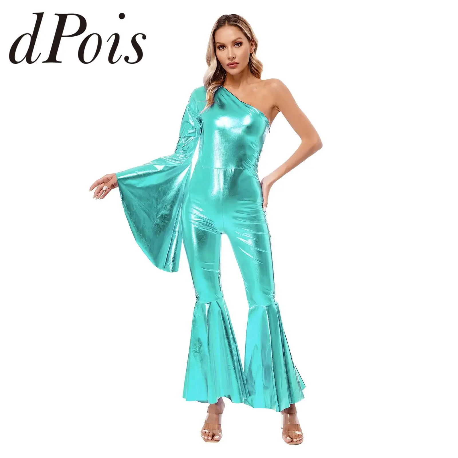 Womens Metallic Shiny Bell-Bottom Dance Jumpsuit One Shoulder Bodysuit Disco Performance Festival Carnival Theme Party Clubwear