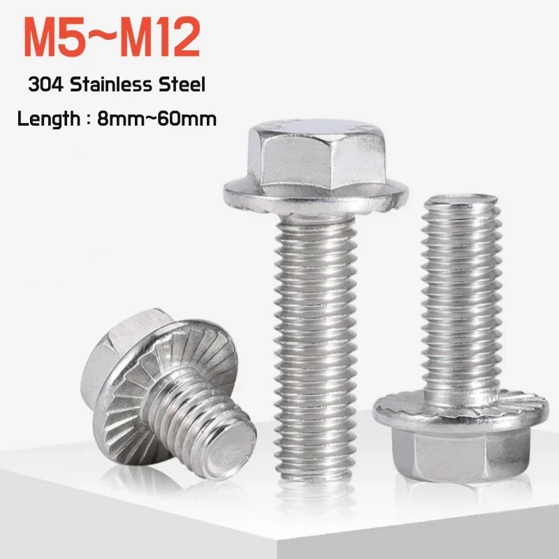 1~20pcs M5 M6 M8 M10M12 Hexagon Head With Serrated Flange Cap Screw Hex Washer Head Bolt A2-70 304 Stainless Steel Length 8~60mm