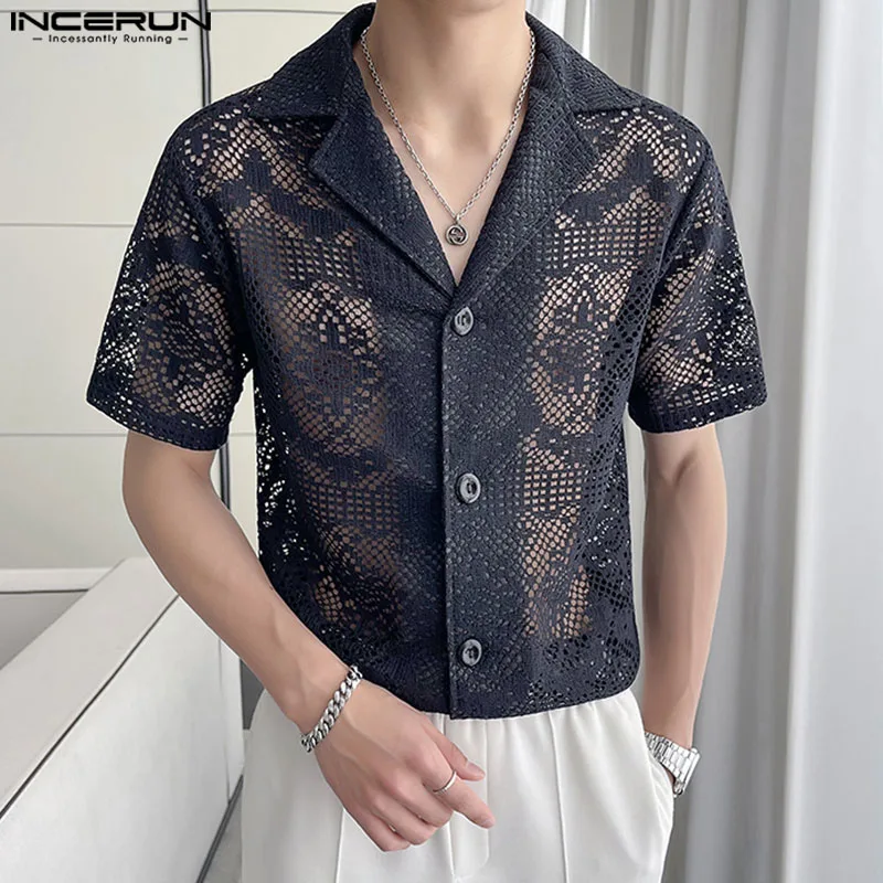 INCERUN Men Shirt Lace Transparent Hollow Out Lapel Short Sleeve Sexy Men Clothing Summer Streetwear 2024 Fashion Casual Shirts