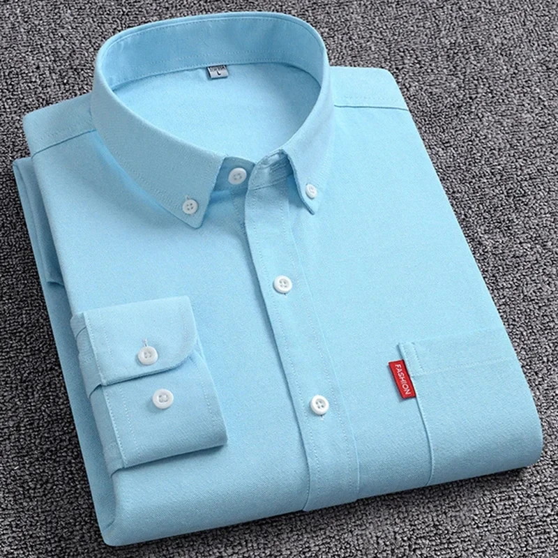 Men\'s Oxford Long Sleeve Shirts 100% Cotton Solid Color Casual Turn Down Collar Regular Fit Daily Men Clothing Shirts For Man