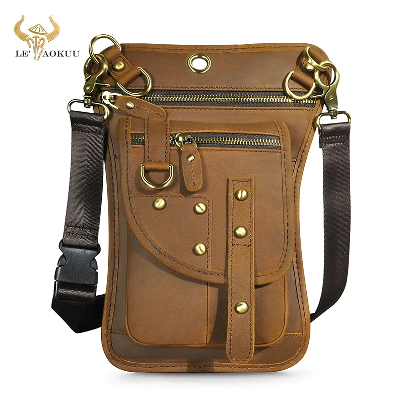 

Crazy Horse Leather Design Shoulder Sling Bag Multi-function Retro Travel Fanny Waist Belt Pack For Men Female Leg Drop Bag 2141