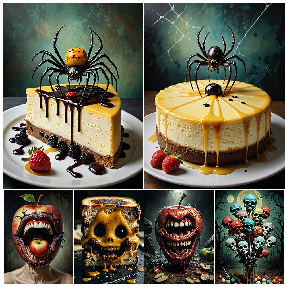 

Horrible Cheesecake And Sandwiches Abstract Wall Art Canvas Painting,Creepy Ugly Apple,Gothic Art Poster And Print Home Decor