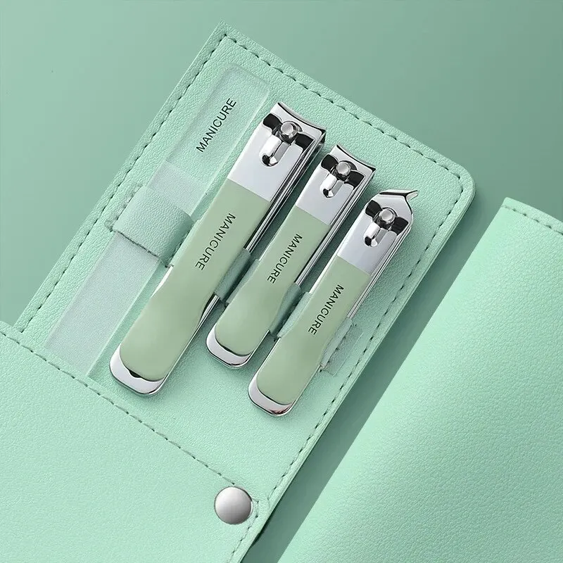 Set de 4 cortaúñas nuevo con bolsa de cuero giratoria, herramientas profesionales de pedicura y cuidado, set de manicura para regalo 4