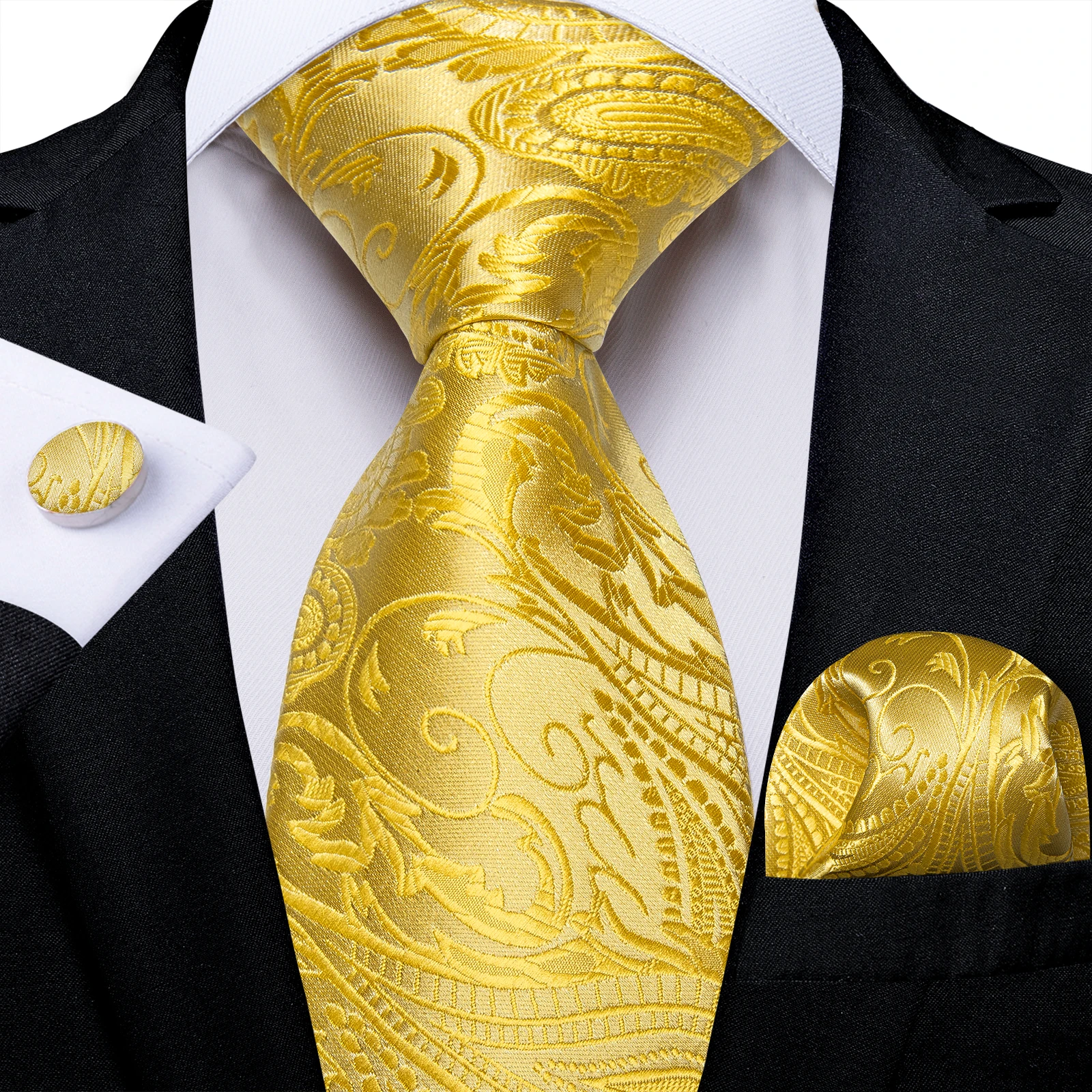 

Golden Color Yellow Paisley Floral Silk Ties for Men Elegant Wedding Prom Men Accessories 8cm Neck Tie Handkerchief Cufflinks