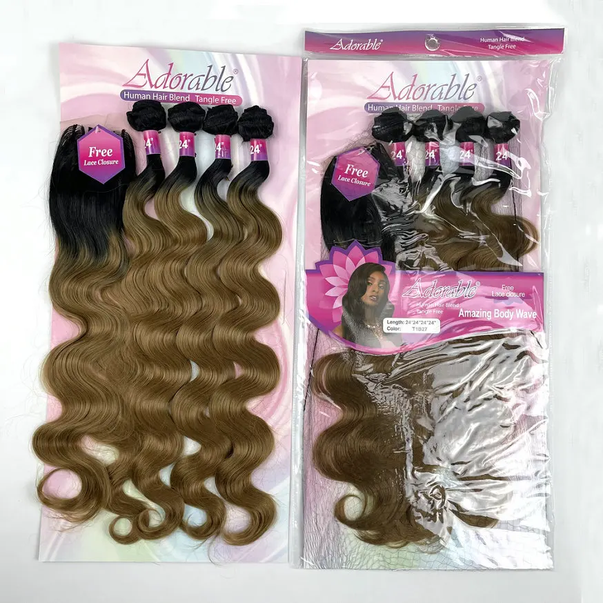 Adorable Premium Synthetic Fiber Hai Amazing Body Wave 4pcs With Free Machine Made 4*4 Lace Closure extensions Bundles 24inchs