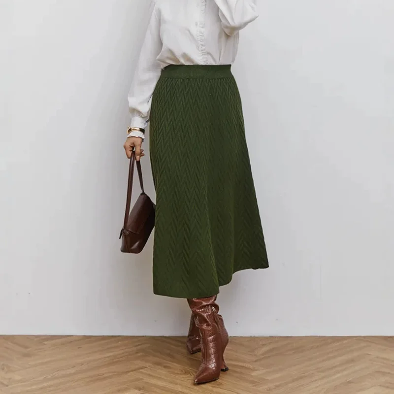 Autumn Winter A Line Knitted Skirts Women Elegant Solid Color Elastic High Waist Midi Skirt Woman 2026 Thicken Warm Skirt Ladies