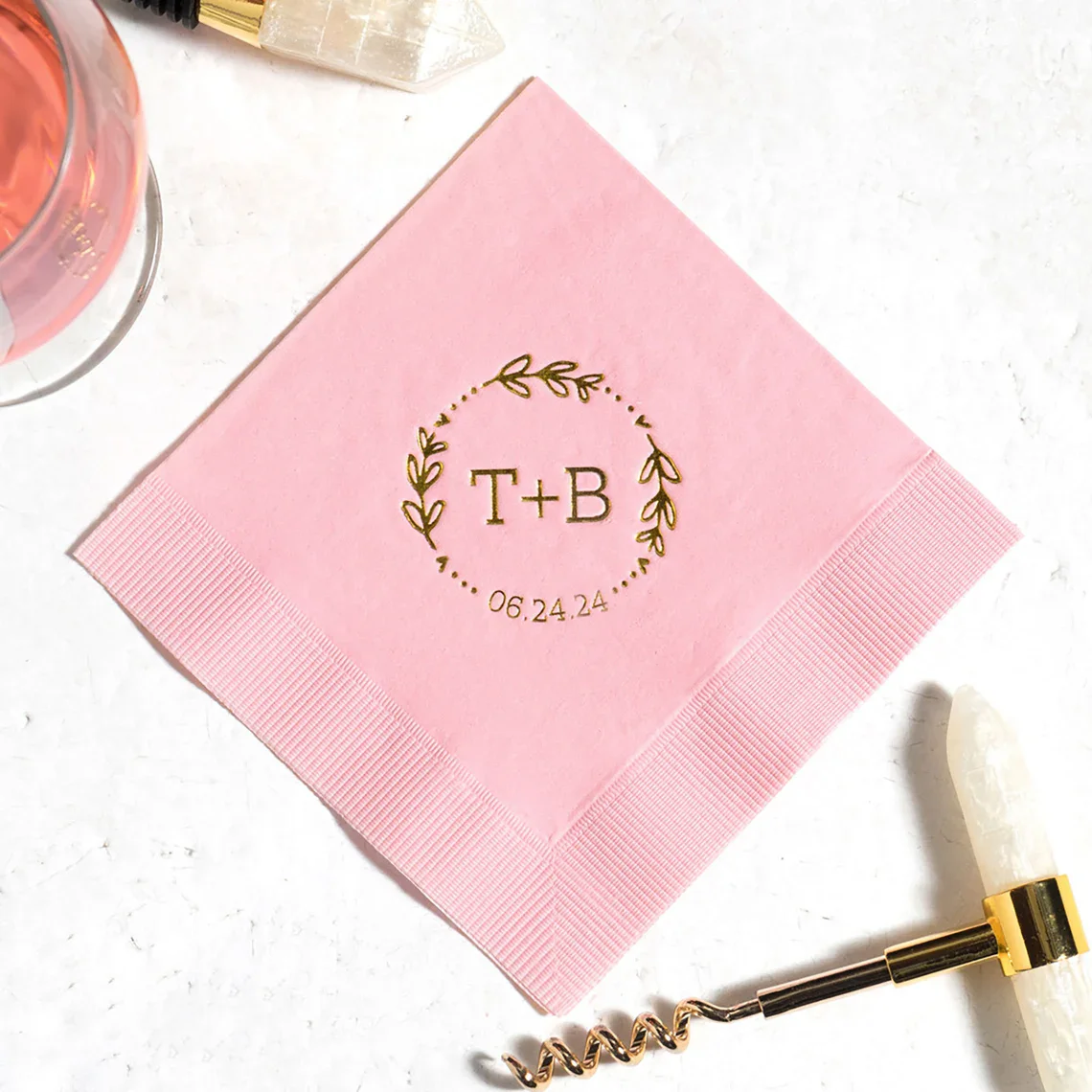 

Customized Initial+ Date Wreath Wedding Cocktail Napkins - Personalized Wedding Napkin, Party Decor, Foil Stamped, Bar Decor, Mo