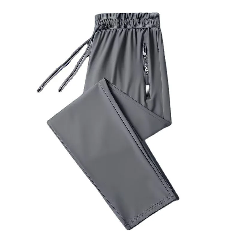Quick Dry Pants Men Spring Summer Long Ice Silk Casual Straight Sports Trousers Fitness Training Youth Jogging Zip Pocket Pants