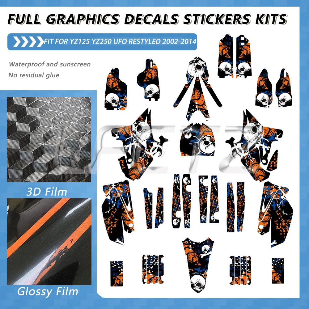 Full Graphics Decals Stickers Kit Fit for YAMAHA YZ 125 250 YZ125 YZ250 2002-2014 UFO Restyled 2008 2009 Motorcycle Background