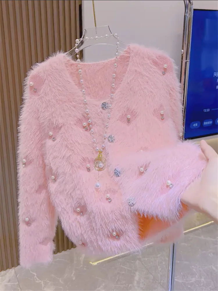 Heavy Embellished Long Sleeve Knitted Sweater Cardigan Women's Autumn Winter Design Foil Wolf Fur Imitation Outerwear