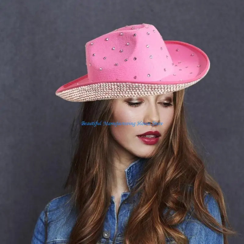 E56A Sparkly Cowboy Hat Rhinestones Brim Panama Hat for Bachelorette Party 2