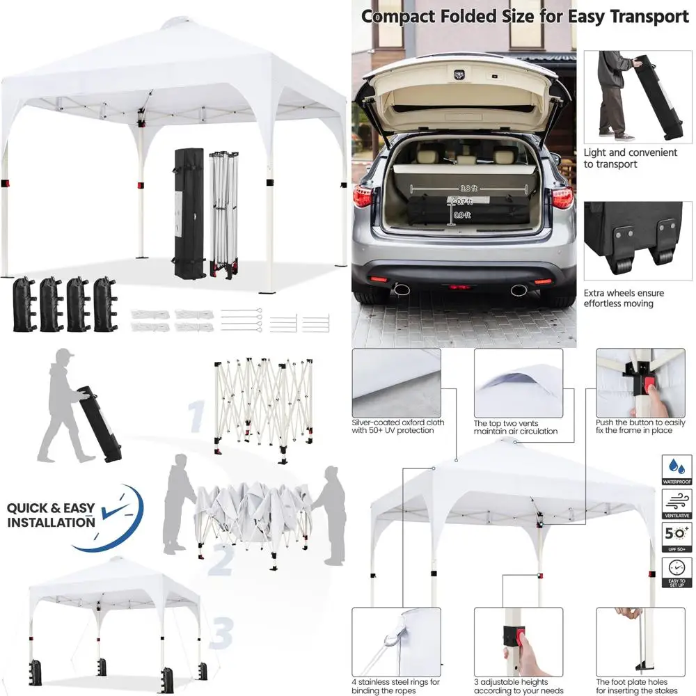 

10x10 Instant Canopy Tent with Ventilation, Easy Setup, Wheeled Bag, 4 Sandbags, 12 Stakes, Outdoor Sun Shelter