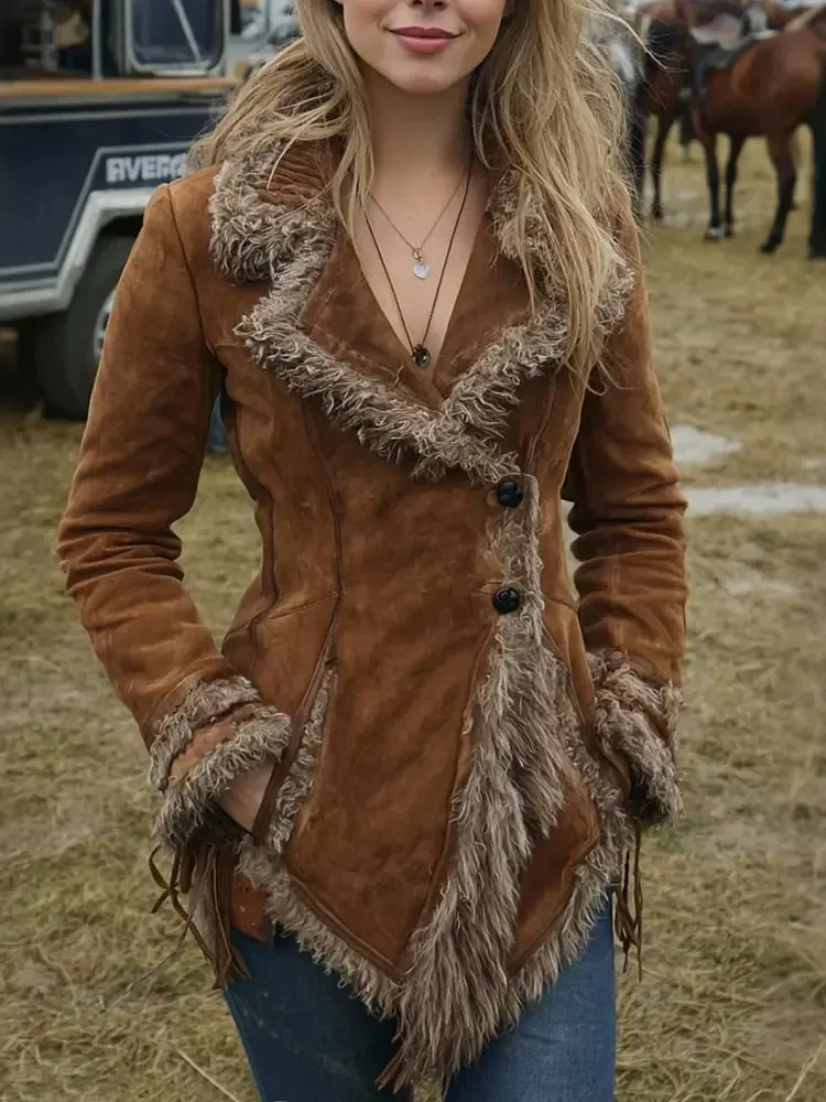 Women's Suede Fur Collar Coat Western Pocket Autumn And Winter Fashionable Warm Coat Outdoor Windproof Slim Fit Windbreaker