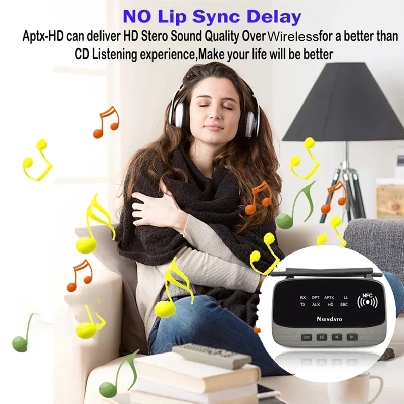 

SUNRI-NFC 80M Bluetooth 5.0 Audio Transmitter Receiver Aptx LL HD Wireless Adapter SPDIF AUX 3.5Mm For PC TV Pair 2 Headphones
