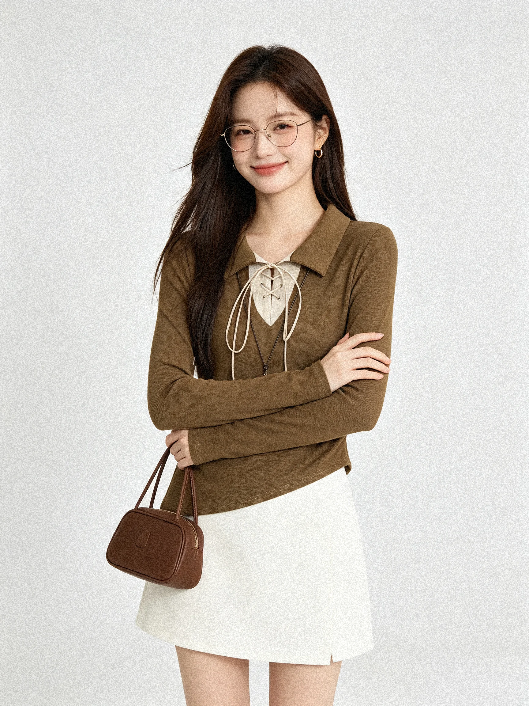 Slim Fit Knitted Base Shirt Korean Style Long Sleeve Collared Internal Wear Design Sense Fake Two-Piece Early Autumn Wrap Tie...