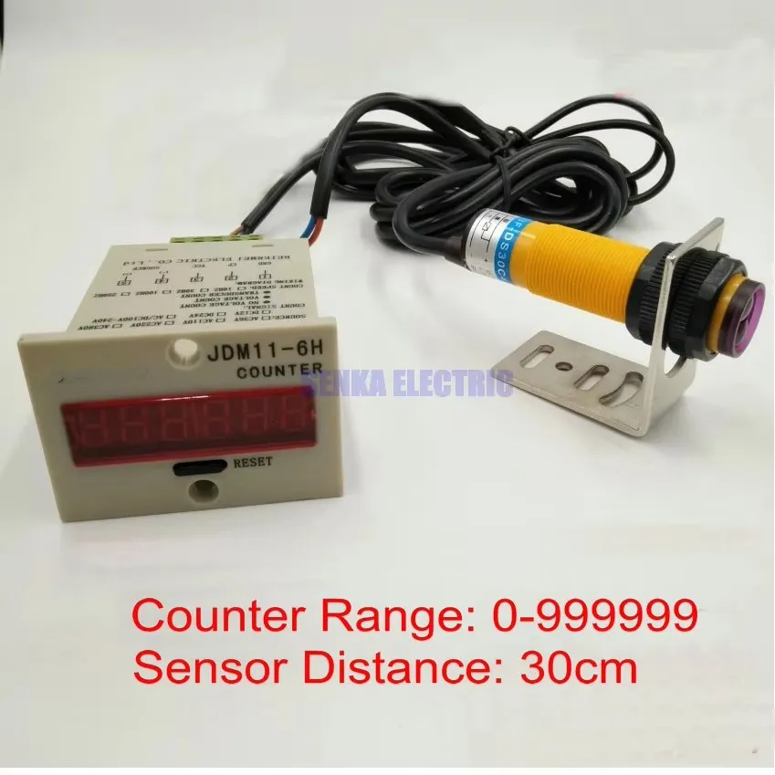 6 Digits 1-999999 Digital Counter with 10-30cm Adjustable 10-36VDC NPN Photoelectric Sensor Switch