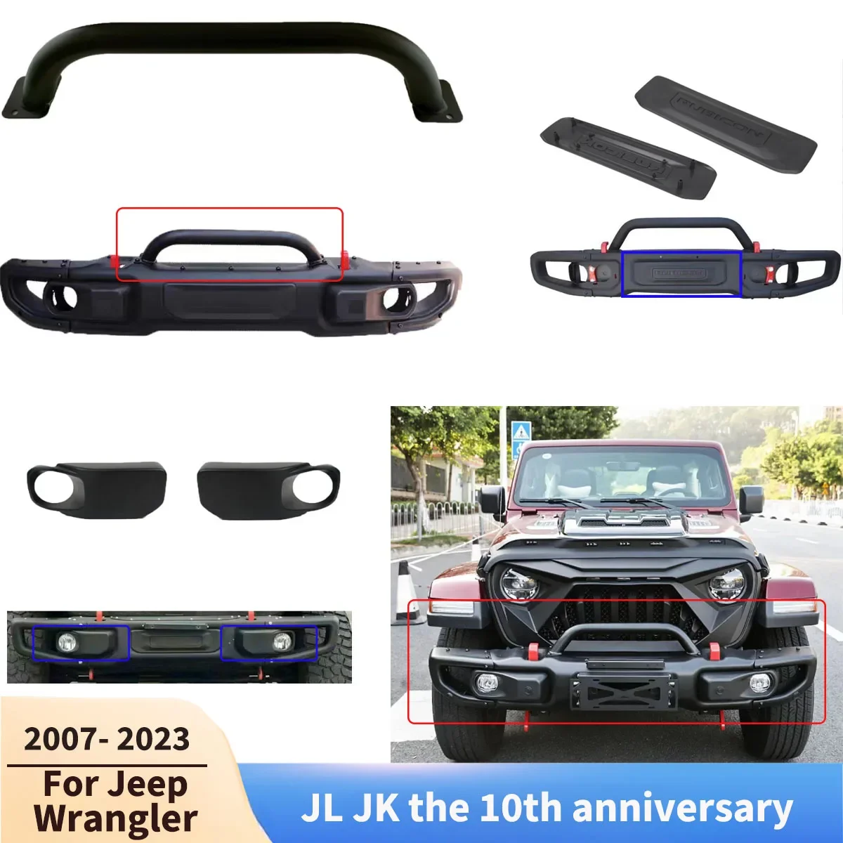 For Wrangler JL JK The 10th Anniversary 2007- 2023 Front Bumper U Tube Bull Bar Front Bumper Decorative Panel Fog Lamp Cover