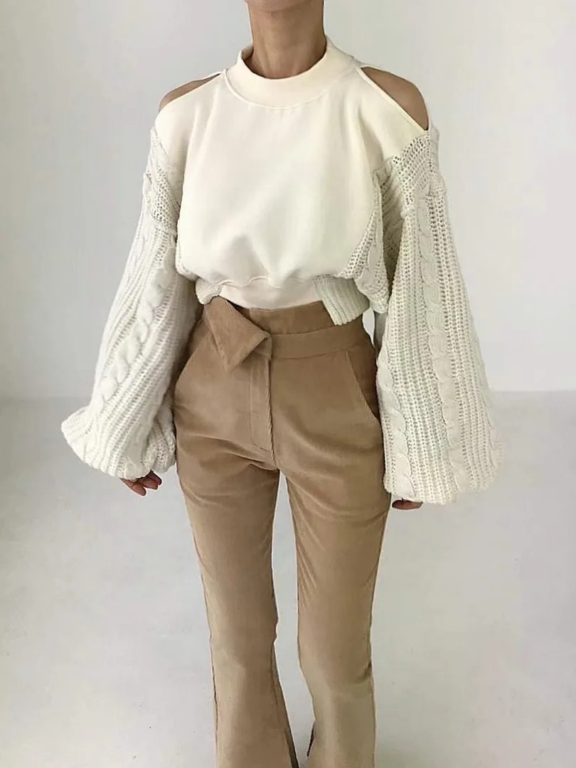 

Свободный вязаный свитшот-фонарь Све, женский ранний весенний универсальный повседневный топ с вырезом на плечах, дизайн сращивания