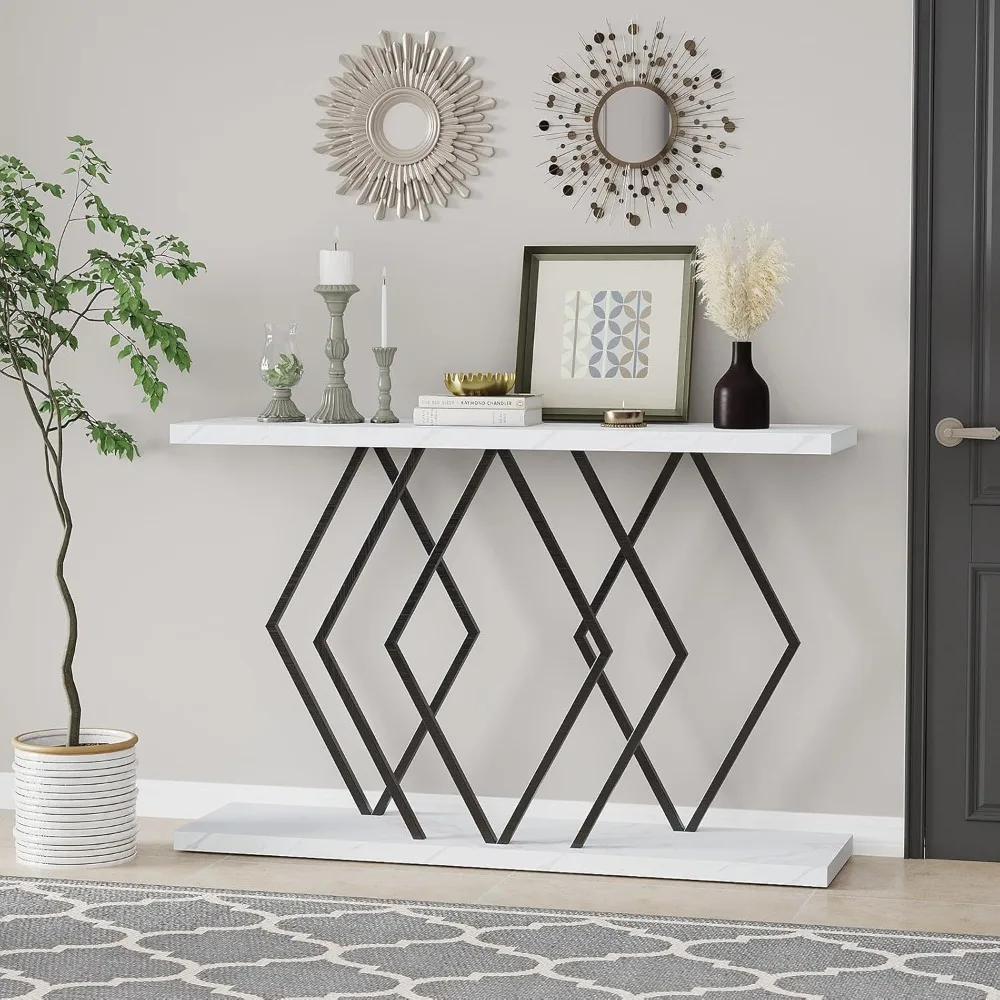 

47.24"Console Table with Faux Marble Tabletop,Modern Narrow Long Entryway Table w/Geometric Gold Frame for Hallway Living Room