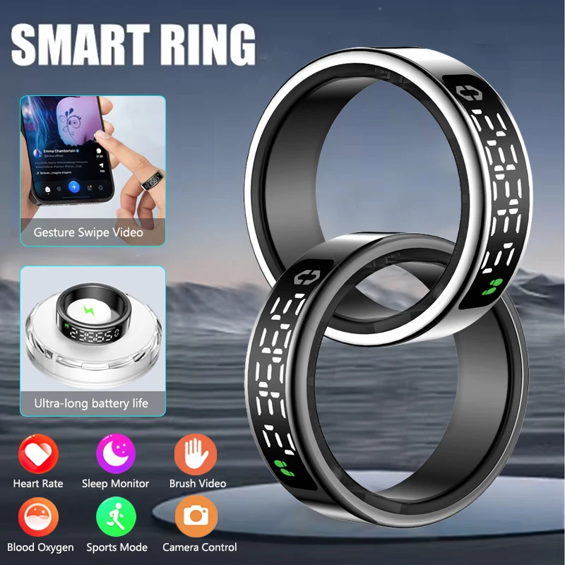 Smart Ring With LED Display Screen Men Women Heart Rate Blood Oxygen Monitor Sleep Tracker Multi Sports IP68 5ATM Waterproof