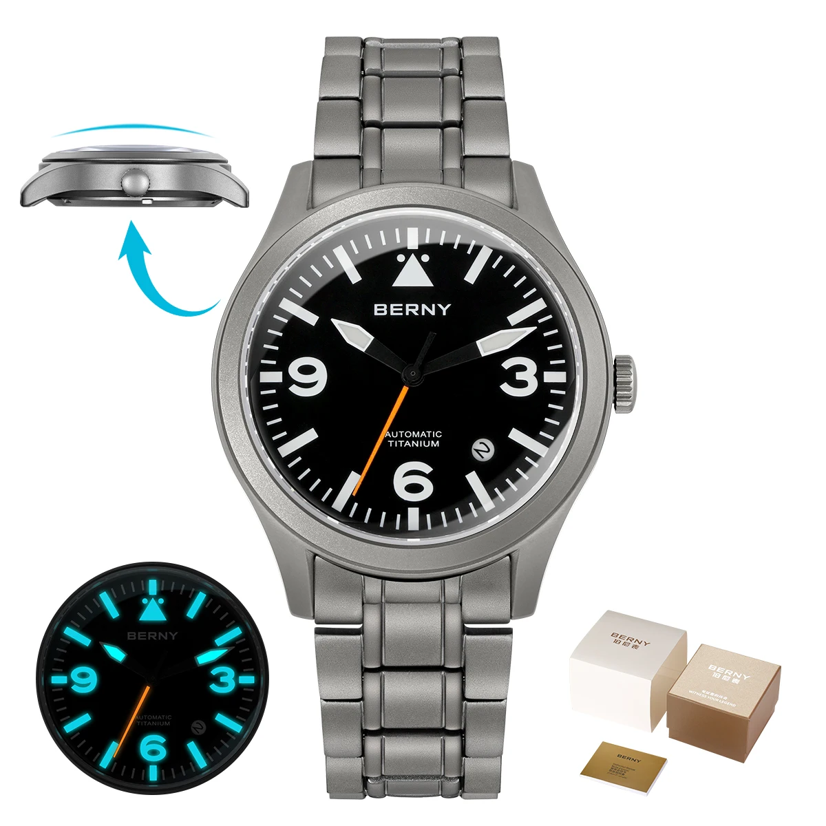 BERNY Volledig titanium automatisch horloge voor heren Saffier AR gecoat 10Bar Avondmaal Lichtgevend herenhorloge Sport Luchtvaart Herenhorloges