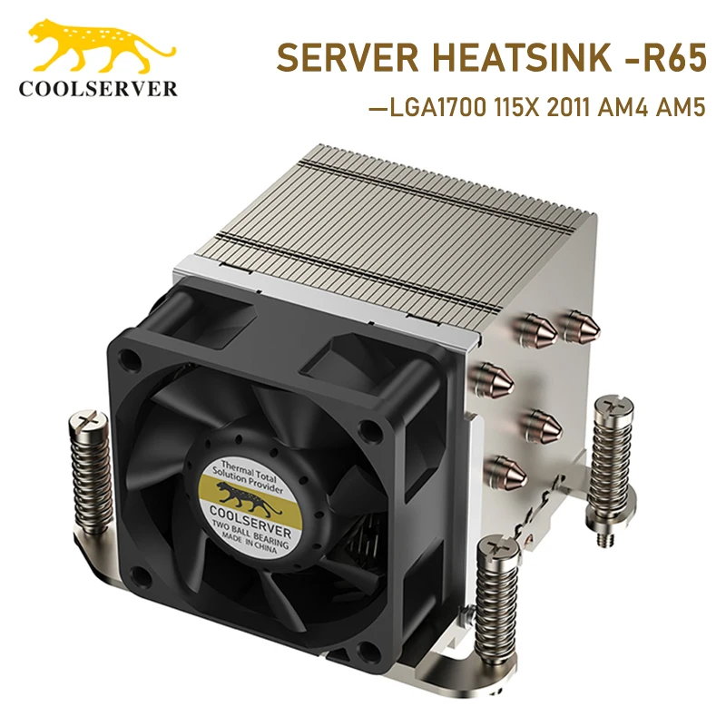 COOLSERVER R65 Server Heatsink 5 Heatpipe Server CPU Cooler 12V 4PIN PWM Fan 2600-8000RPM Radiator For LGA1700 115X 2011 AM4 AM5