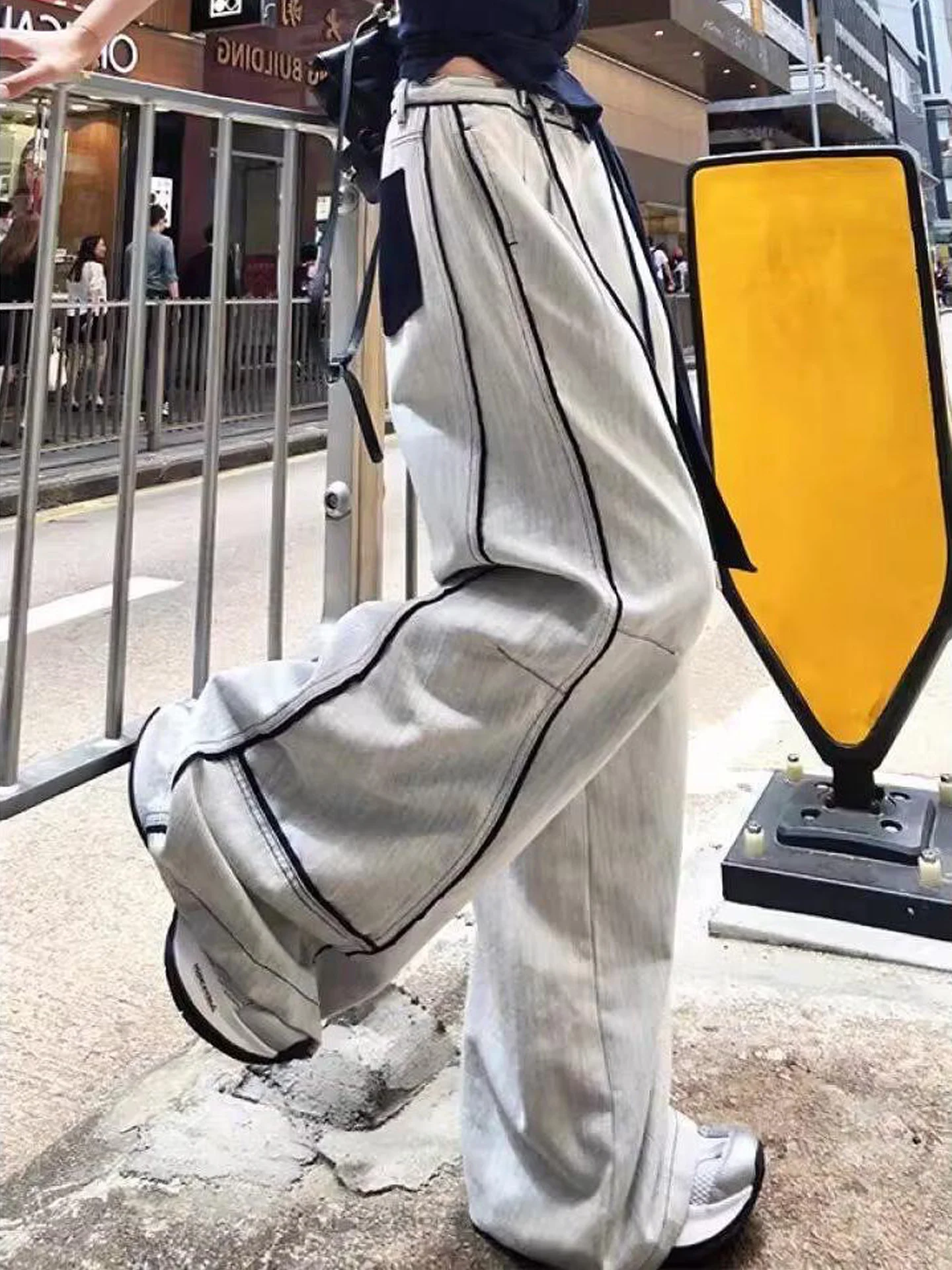 

American Style High Street Retro Color Block Contrast Color Women's Summer Loose Wide Leg Straight Long Jeans Denim Pants