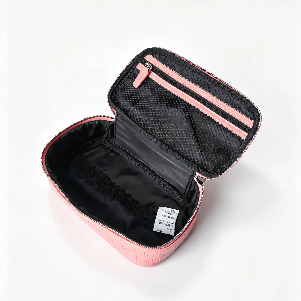 Geprägter Kosmetikbeutel aus Leder mit Krokodil-Optik, großer Stauraum, mehrere Taschen, Handtaschen-Organizer für Toilettenartikel, Reise, rosa Ausführungen. – Detail 18