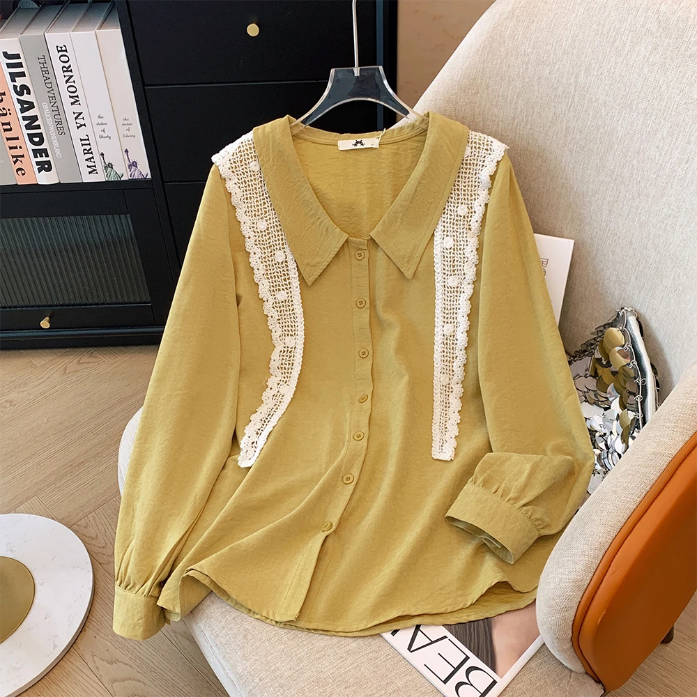 

Plus-size women's Fall casual commute loose comfortable shirt Vintage style yellow buttons lace bow tie lapel long sleeve top