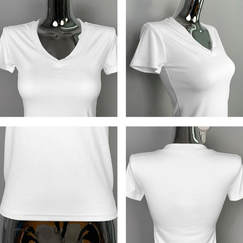 เสื้อยืดผู้หญิงเรียบง่าย สไตล์ลำลอง เนื้อผ้านุ่ม ใส่ได้ทุกโอกาส รุ่นพื้นฐาน ปี 2026 เสื้อยืดแขนสั้น คอวี แฟชั่น ทรงเข้ารูป สีพื้น