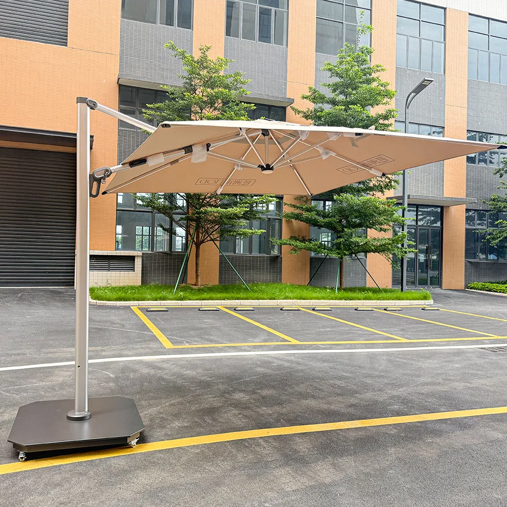 High Quality Waterproof Aluminum Cantilever Roman Straight Parasol LED Light Customizable Logo for Hotel Use Outdoor