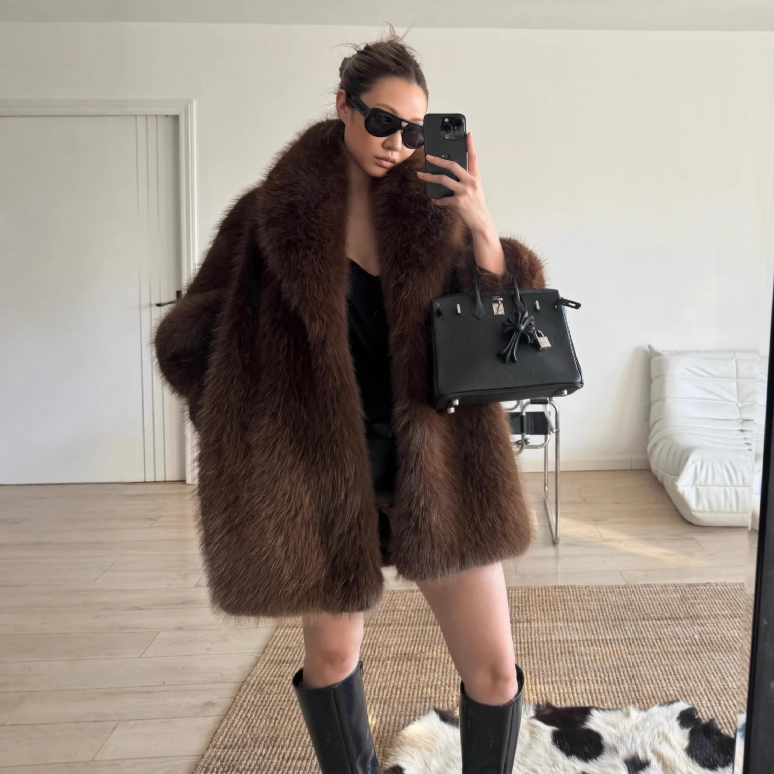 Women Mid Length Coats Faux Fox Fur Vintage Jackets Thick Warm Y2k Streetwear Turn Down Collar Elegant Work Outerwear Loose 2026
