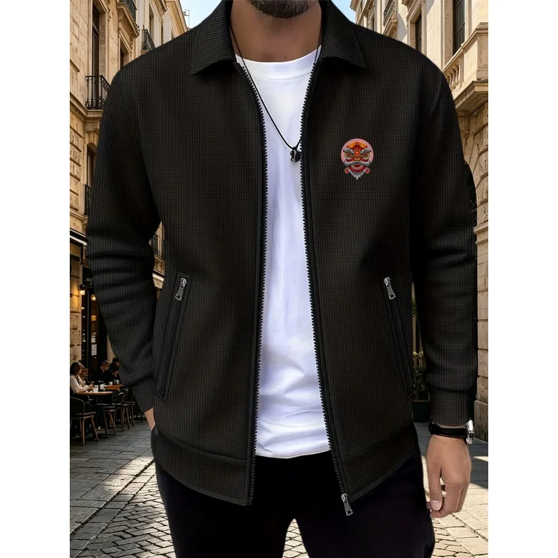 Men Milano Italy Business Casual Jacket Lapel Full Zip Coat Textured Waffle Fabric Zipper Pockets Long Sleeve Commute Outerwear
