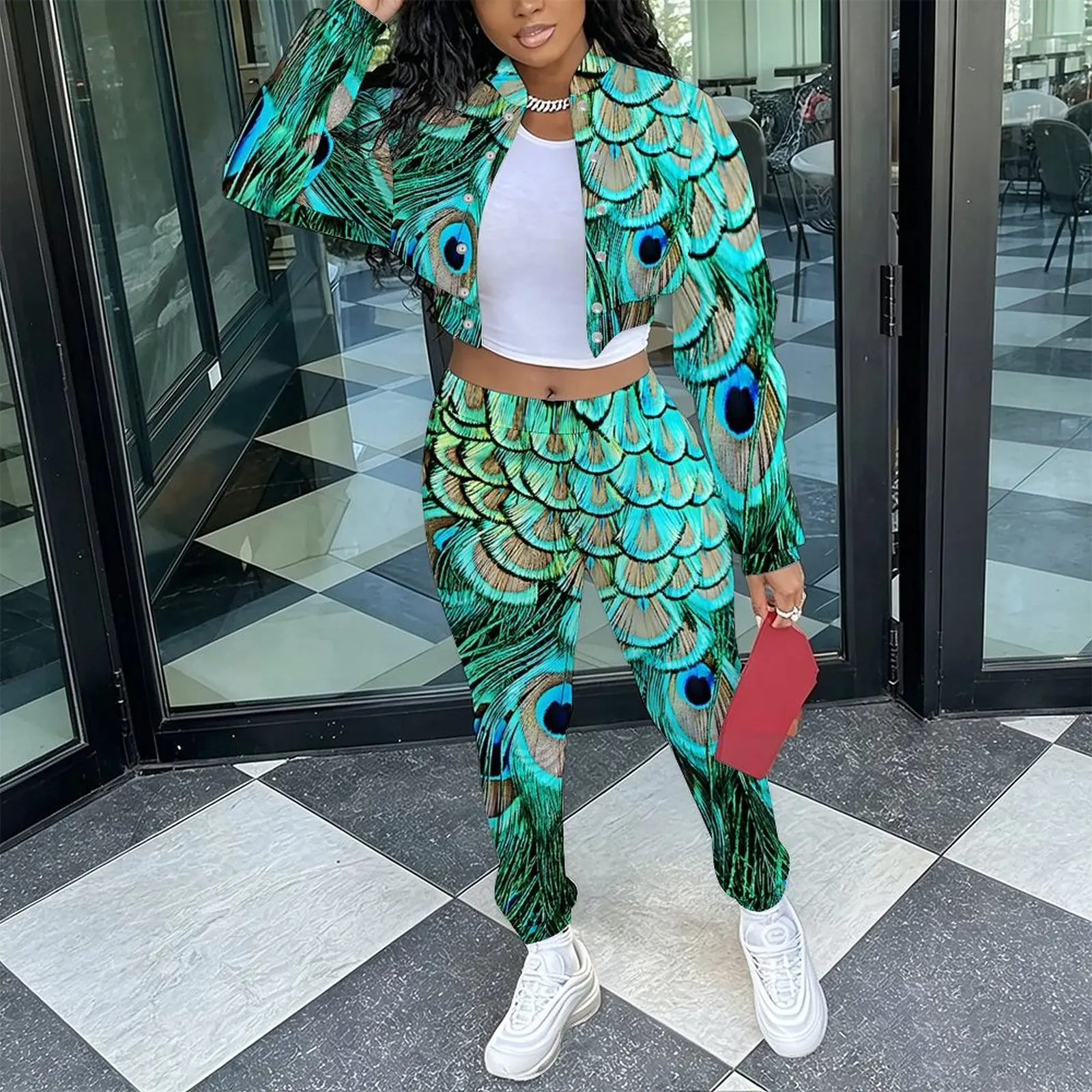 Ladies Casual 2 Piece Set Retro Slim Cropped Long Sleeve Jacket Fashion Elegant Sweatpants Everyday Commuting Vacation Outfit