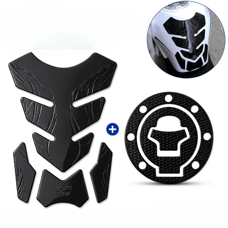 2pcs Motorcycle Tank Pad & 7-Hole Fuel Cap Protector Sticker Set Glossy Black Fuel Tank Scratch Protection Decals Anti-Slip