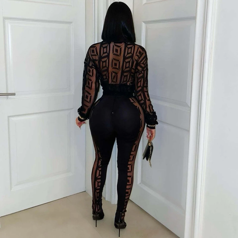 Sexy Mesh See Through Women 2 Piece Outfit Sets 2025 New Female Streetwear Clothing Long Sleeve Crop Top and Skiny Pants Suits