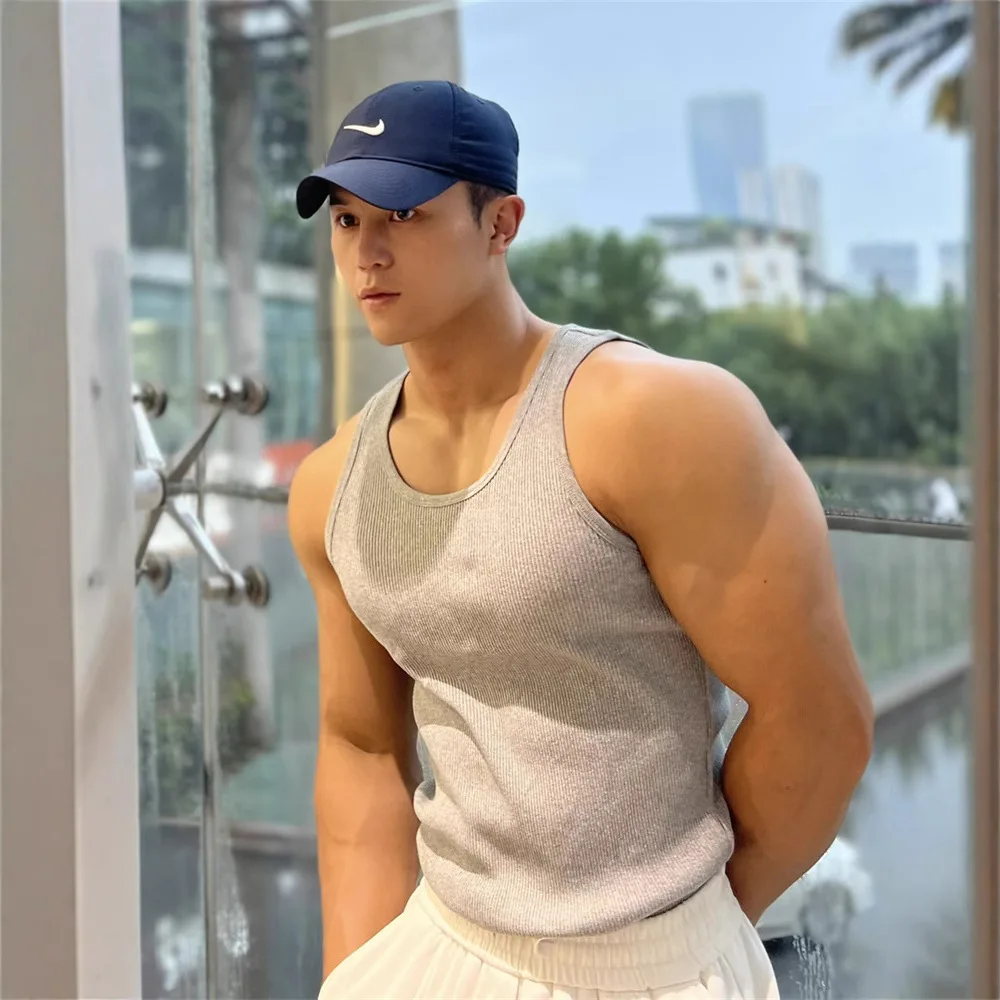 American Ribbed High-Stretch Sleeveless Tank Top Men's Fitness Training Casual Top