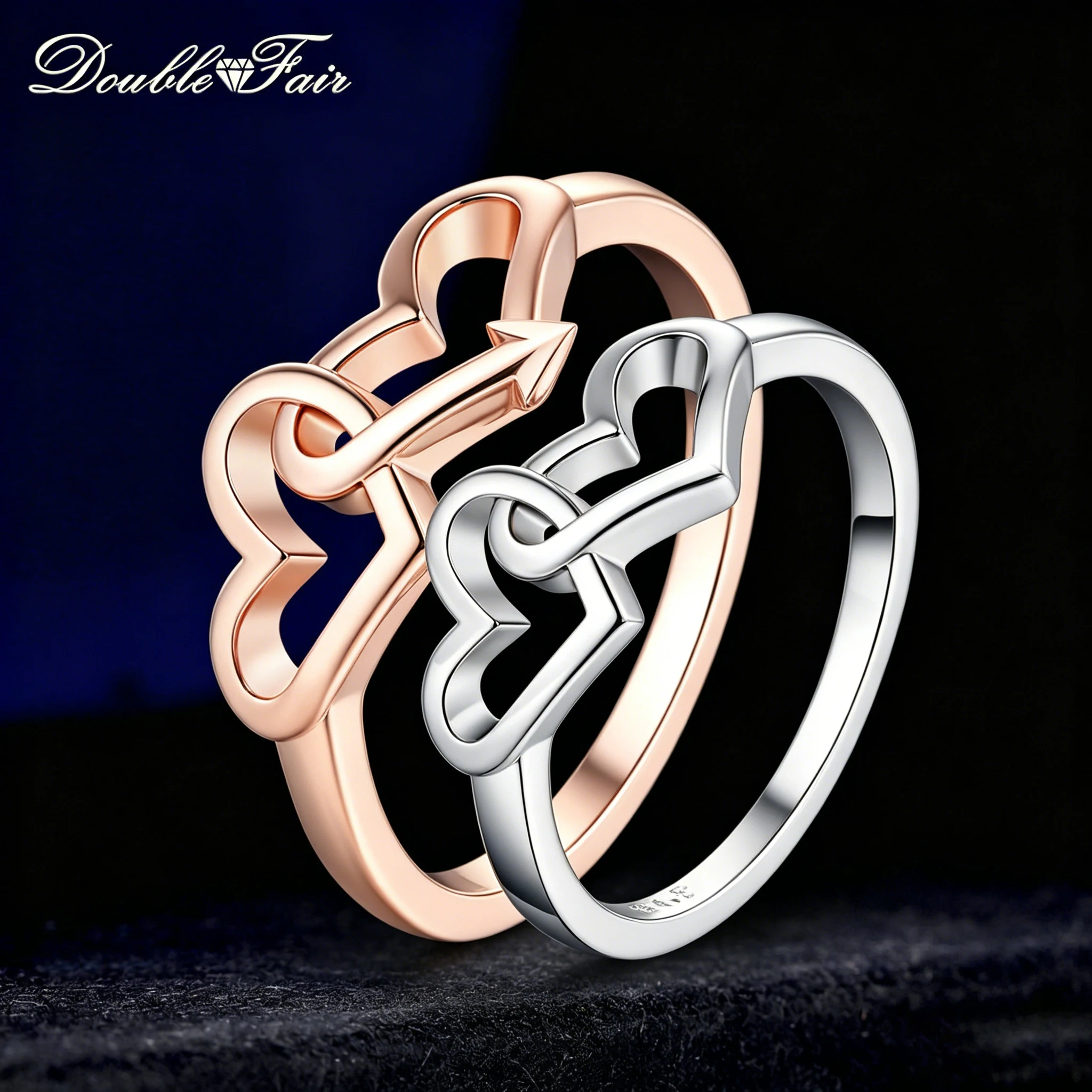 Double Fair Heart to Heart Romantic Rings Rose Gold Color Fashion Engagement Jewelry For Women Lovers HotSale DFR215M