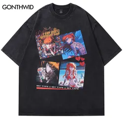 Vintage Black Oversized Tshirt Japanese Anime Cartoon Tattoo Girl Graphic Print T-Shirt Streetwear 2024 Harajuku Hip Hop Top Tee