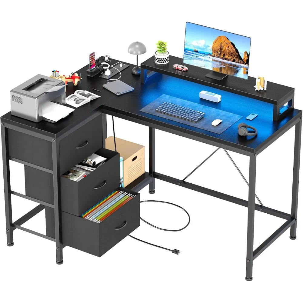 

L Shaped Desks with Power Outlets & LED Lights, Computer Desks with Drawers & Shelves, Corner Desk Gaming Home Office Desk, B