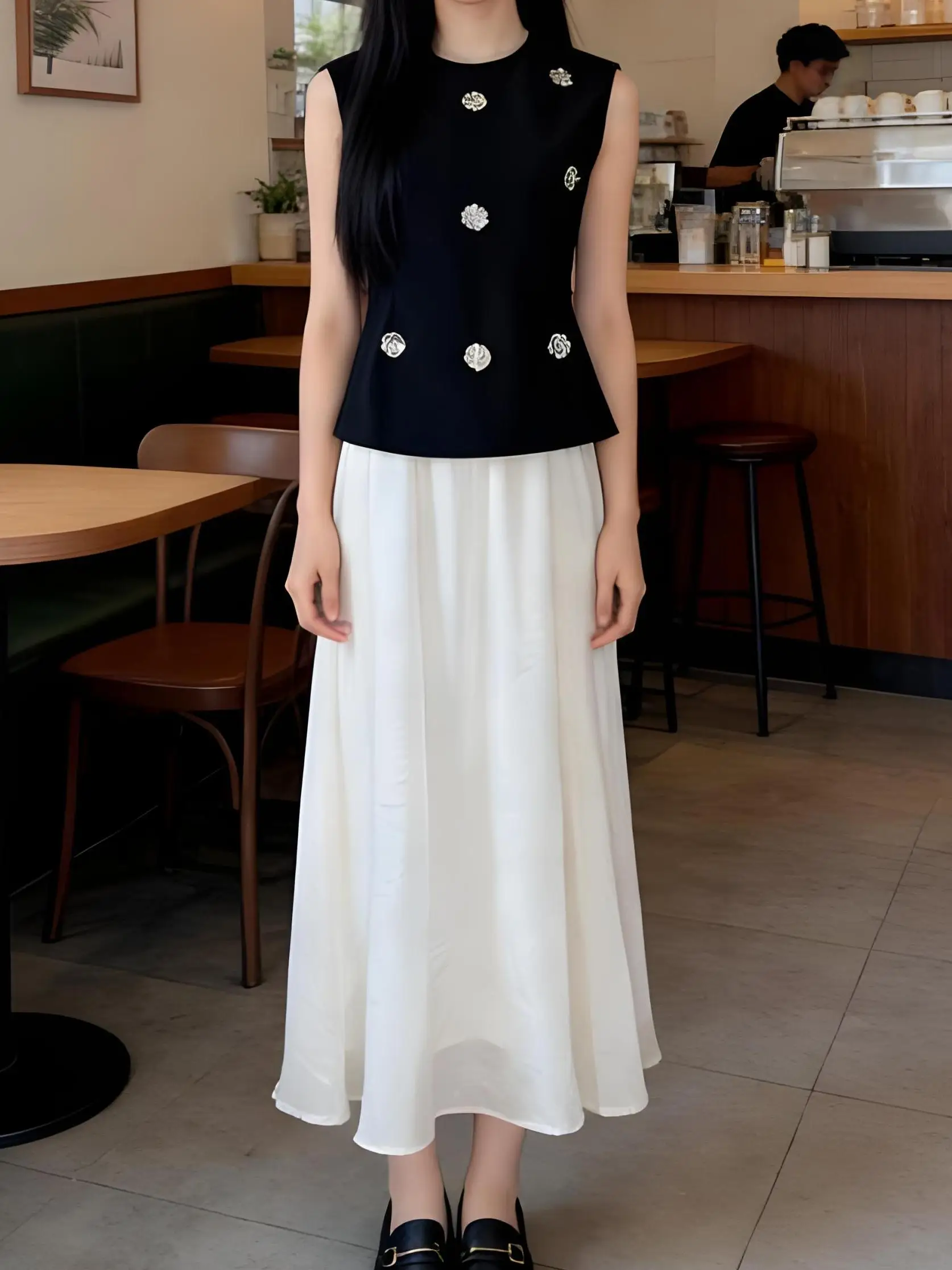 

Korean Floral Pattern Faionable High-End Spring Set round Ne Svel Top Elegance f Skirt Suit Breathable High Waist