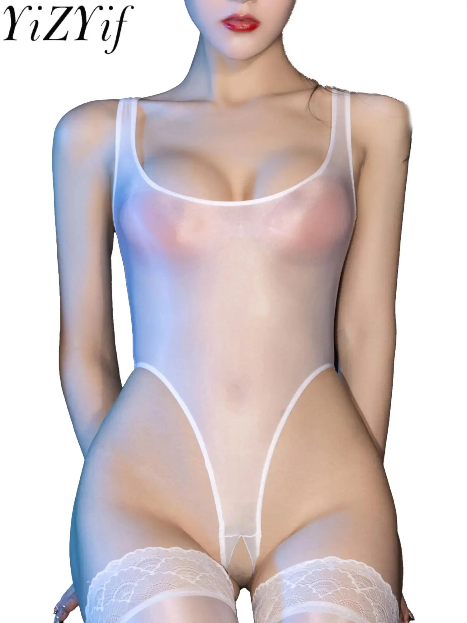 Womens Glossy U Neck Open Crotch Bodysuit Exotic Teddies See-through Stretchy High Cut Sleeveless Leotard Lingerie Sleepwear