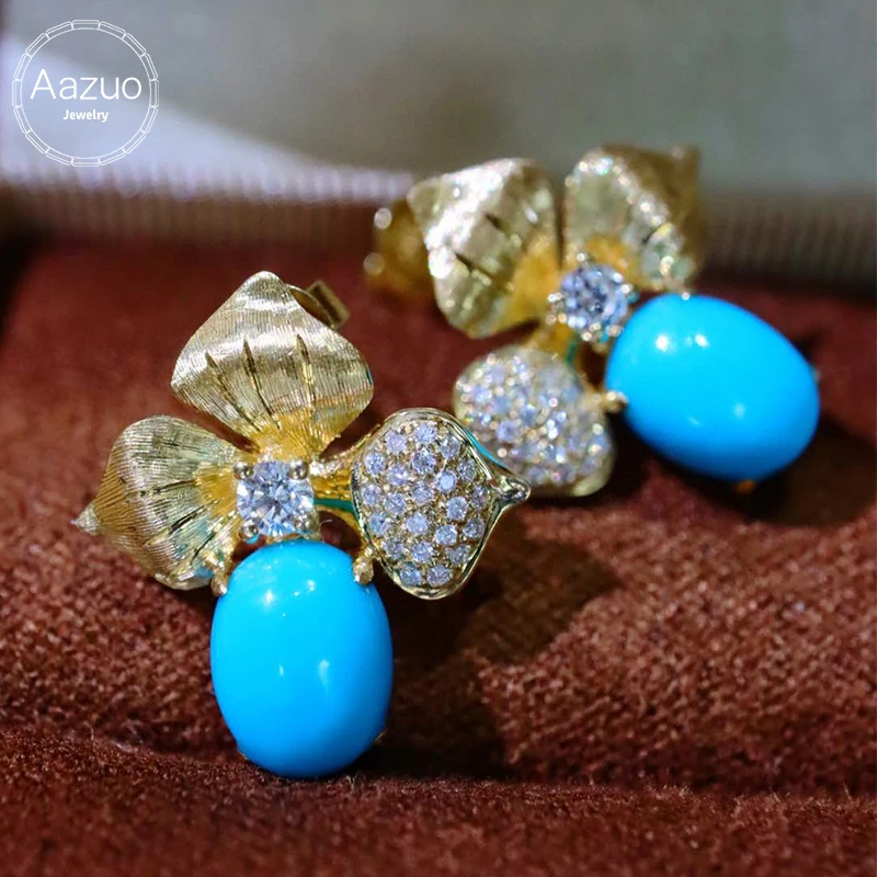 

Aazuo Fine Jewelry 18k Gold Natural Turquoise stone Real Diamond Luxury Flower Earring Gifted For Women Engagement Wedding Party