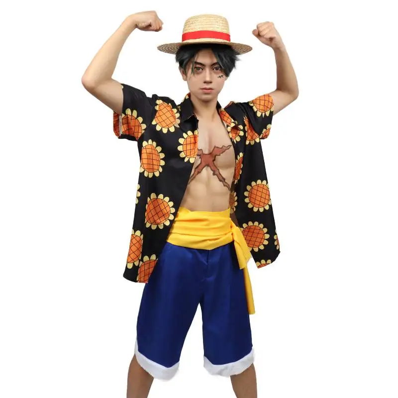 DAZCOS Hot Anime Luffy Cosplay Men Shirt Summer Daily Wear Stage Performance Halloween Sunflower Shirt Short with Sash