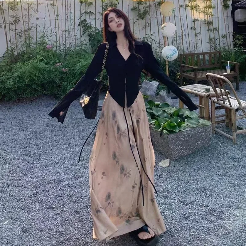 High Waisted Long Skirts for Women, Ink Wash Style, French Style, Casual Long Skirts, Mid Body, Early Spring, New Fashion, 2020