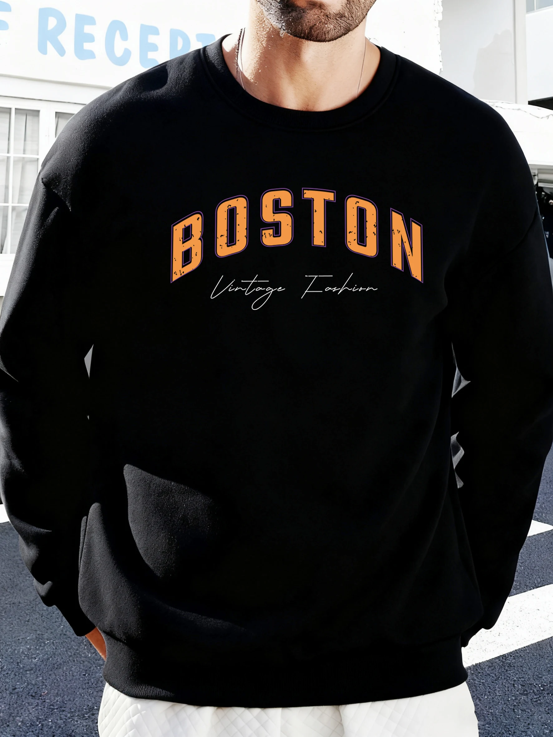 Boston Vintage Mode Druck Männer Bequeme Neue Top Fleece High Street Sweatshirt Lose Beiläufige Hoodie Herbst 0-Neck Mann sportswear