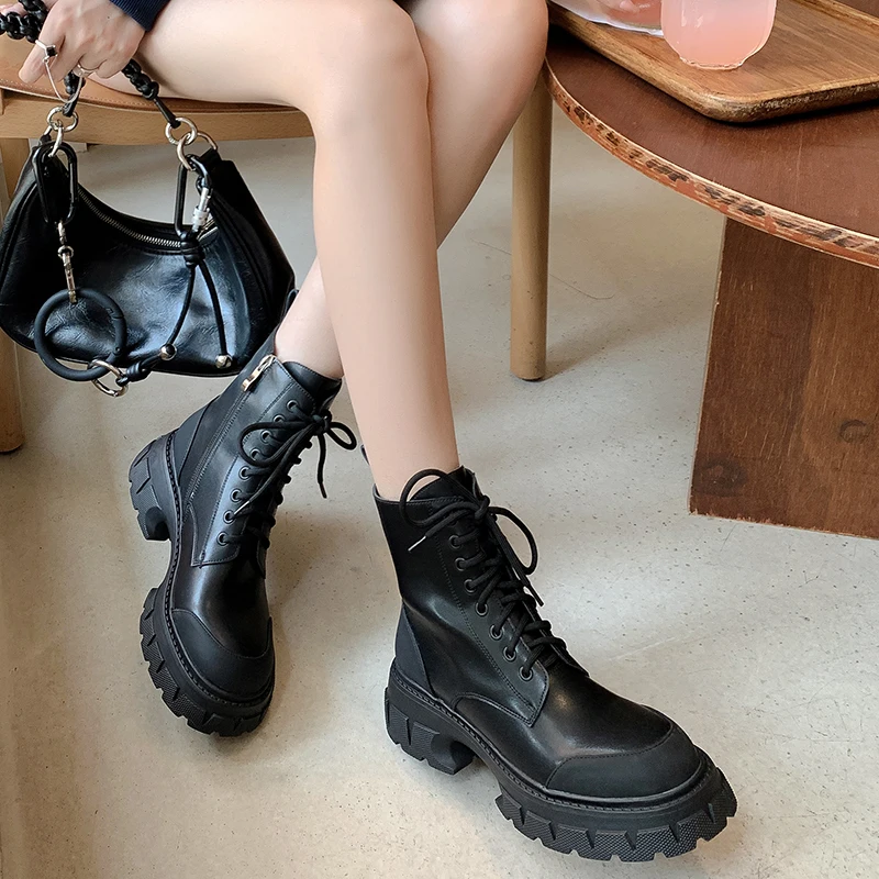 JOZHAMTA Size 34-39 Women Ankle Boots Genuine Leather Ins Fashion Platform Shoes Woman High Heels Short Boot Casual Business